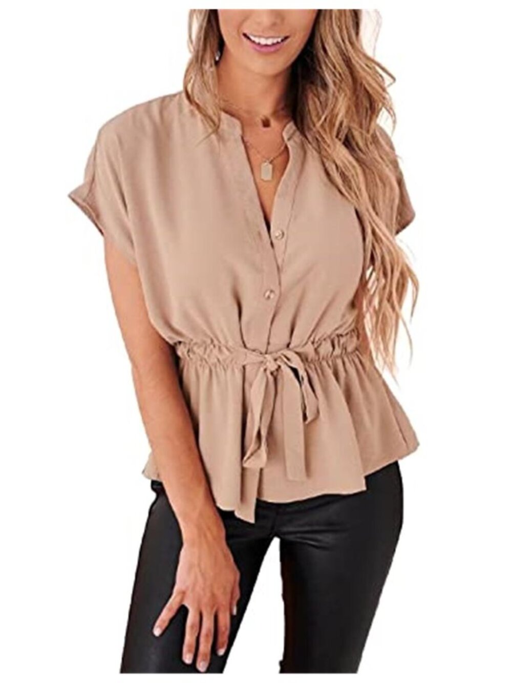 Apricot Chiffon Peplum Blouse Short Sleeve Button Down Tie Waist Work Top